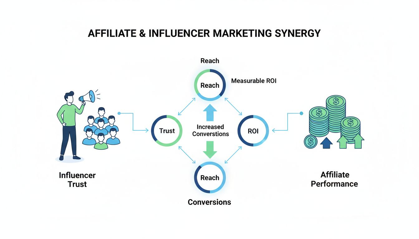 Infografica che mostra la sinergia tra affiliate marketing e influencer marketing con elementi di fiducia, portata, conversioni e ROI