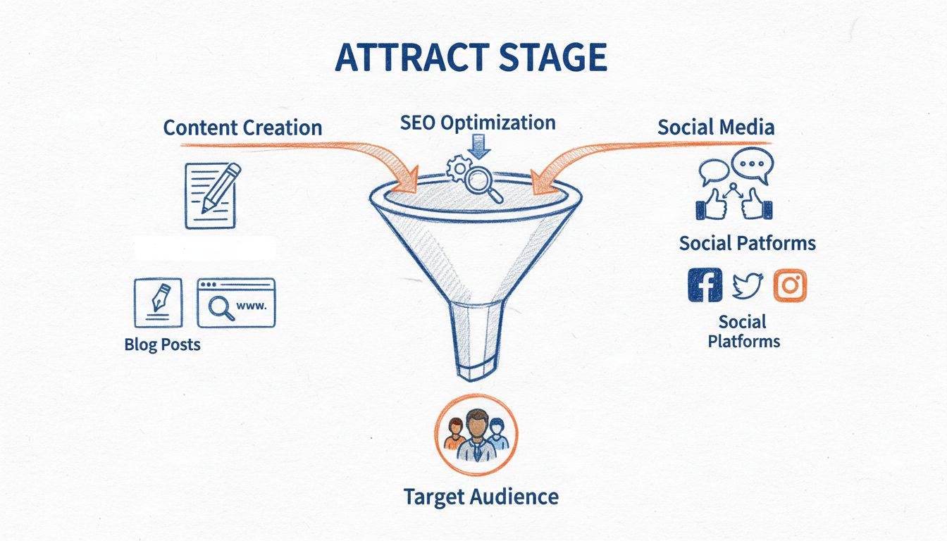 Infografica sulla fase Attract dell'Inbound Marketing che mostra creazione di contenuti, ottimizzazione SEO e social media marketing rivolti al pubblico target