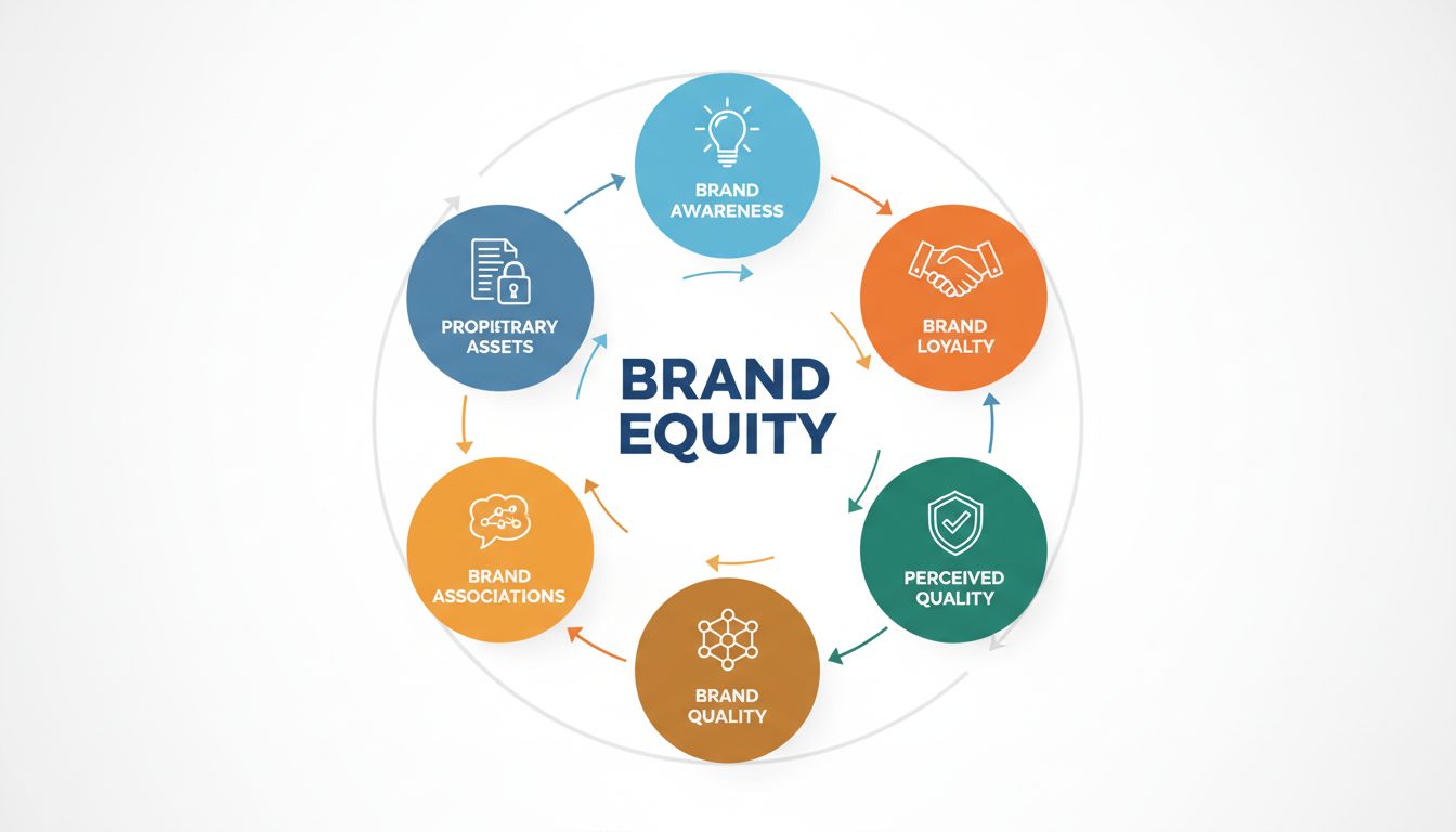 Infografica dei Componenti dell'Equity di Marca che mostra Awareness, Loyalty, Perceived Quality, Associations e Proprietary Assets