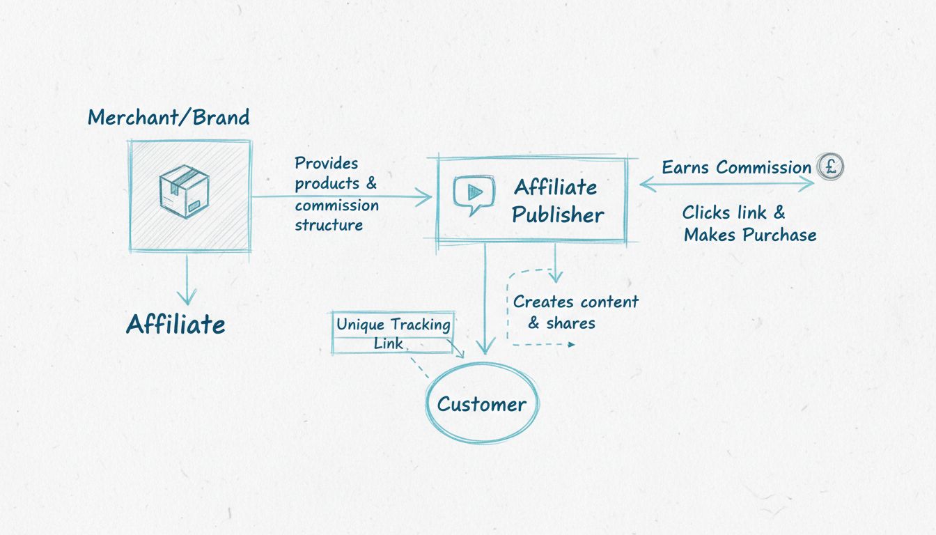 Diagramma del flusso del marketing di affiliazione che mostra le relazioni tra commerciante, affiliato e cliente con link di tracciamento e flusso di commissioni