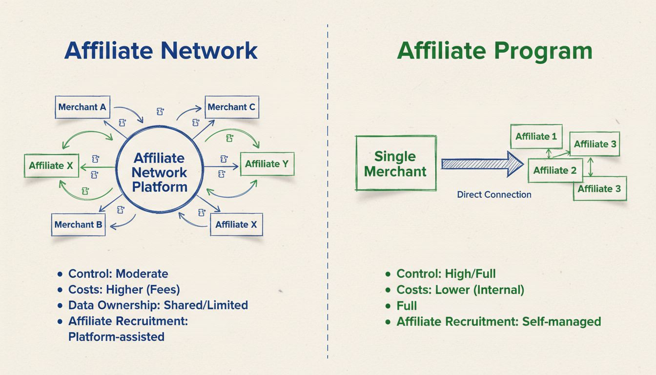 Diagramma di confronto che mostra la struttura e le differenze tra rete di affiliazione e programma di affiliazione