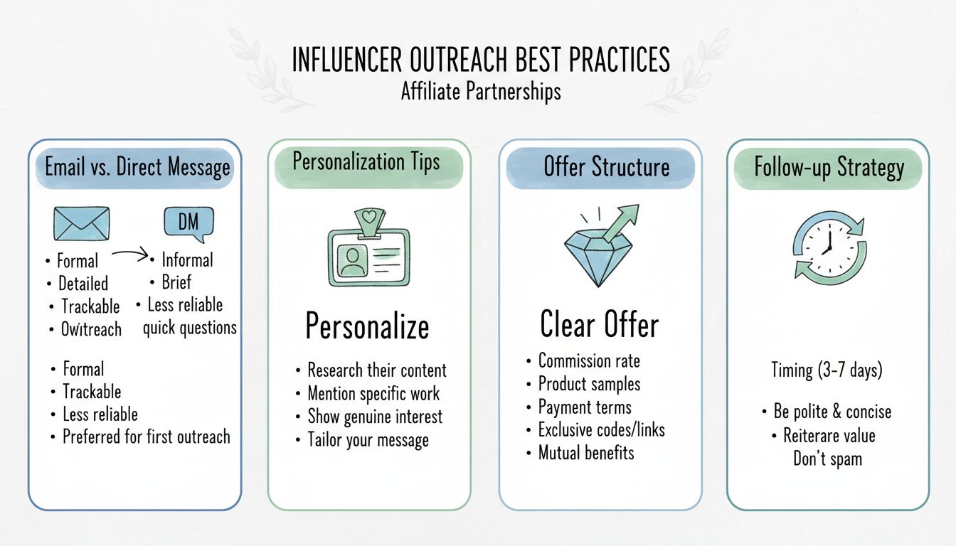 Infografica che mostra le best practice per contattare influencer inclusi il confronto tra email e DM, consigli sulla personalizzazione, struttura dell'offerta chiara e strategia di follow-up