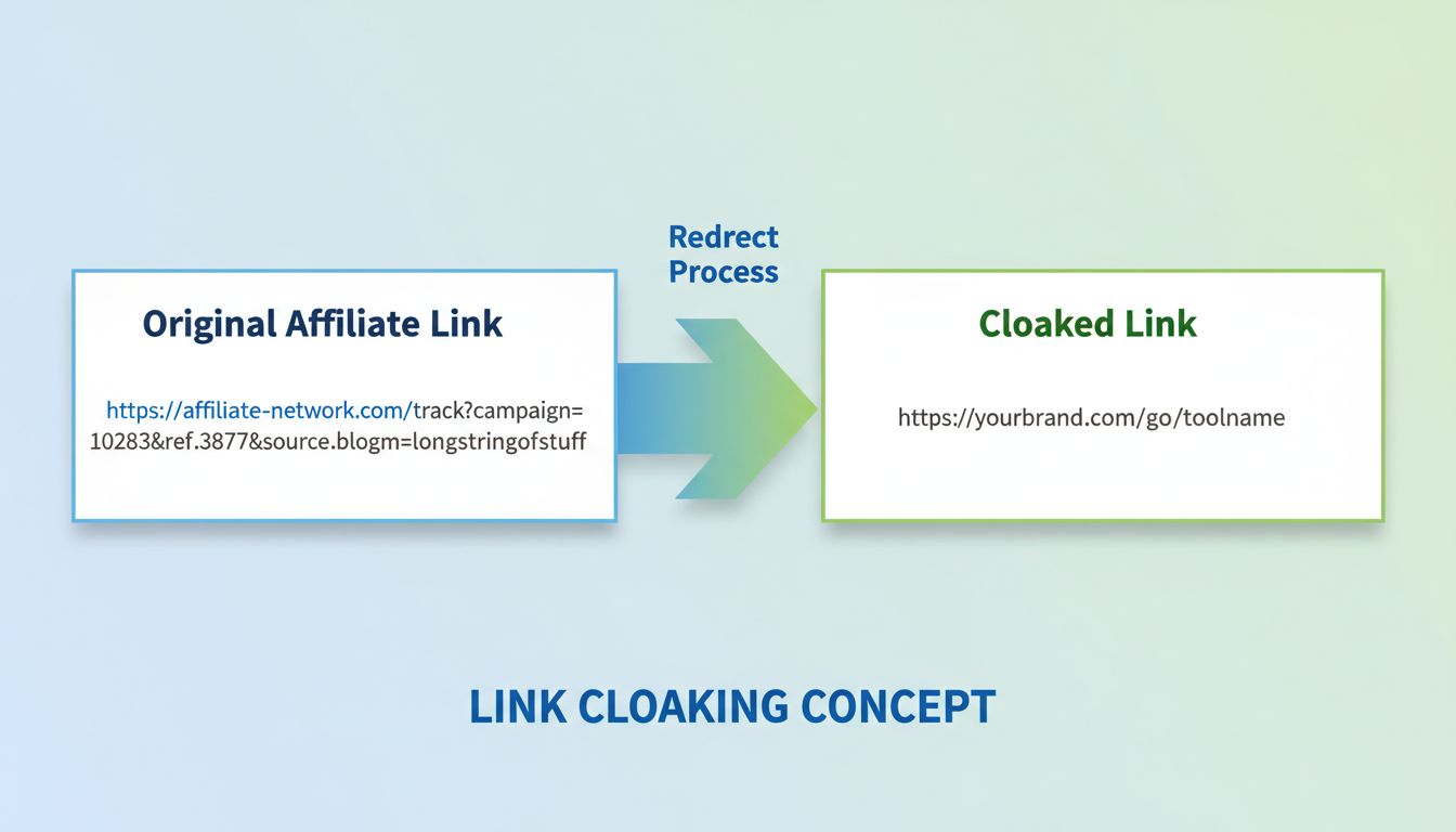 Diagramma del link cloaking che mostra la trasformazione da un lungo URL affiliato a un URL brandizzato e pulito