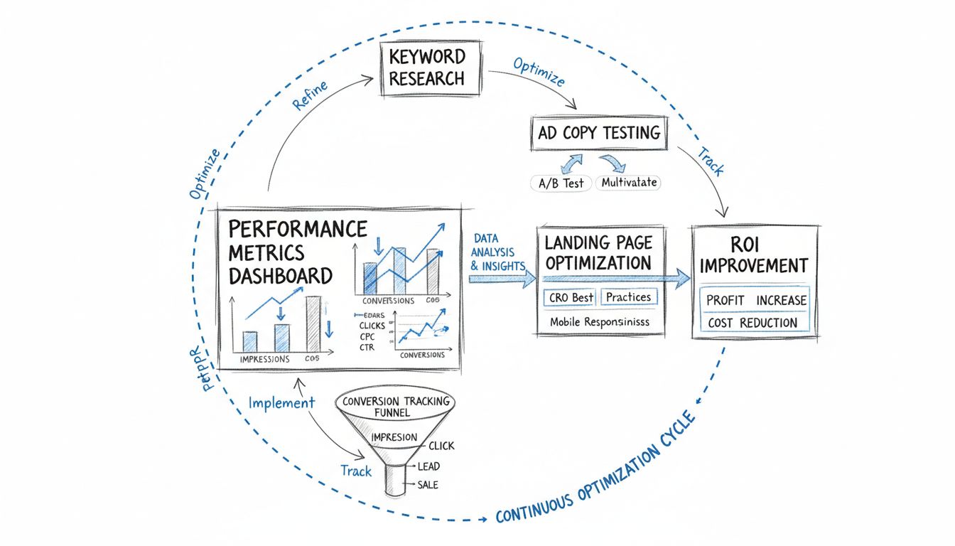 Diagramma del workflow di ottimizzazione di una campagna PPC che mostra ricerca keyword, test annunci, ottimizzazione landing page, monitoraggio delle metriche e ciclo di miglioramento del ROI