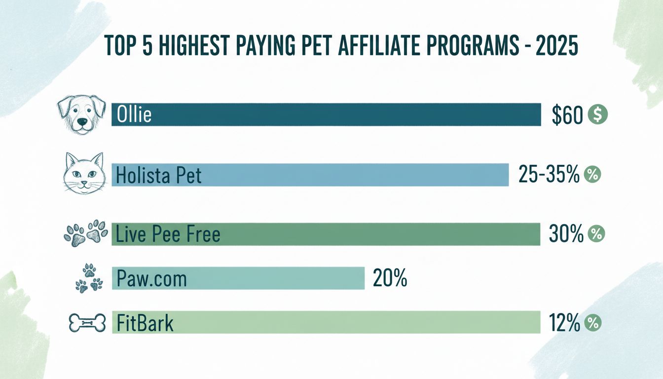 Top 5 highest paying pet affiliate programs 2025 comparison infographic showing Ollie $60, Holista Pet 25-35%, Live Pee Free 30%, Paw.com 20%, and FitBark 12% commission rates