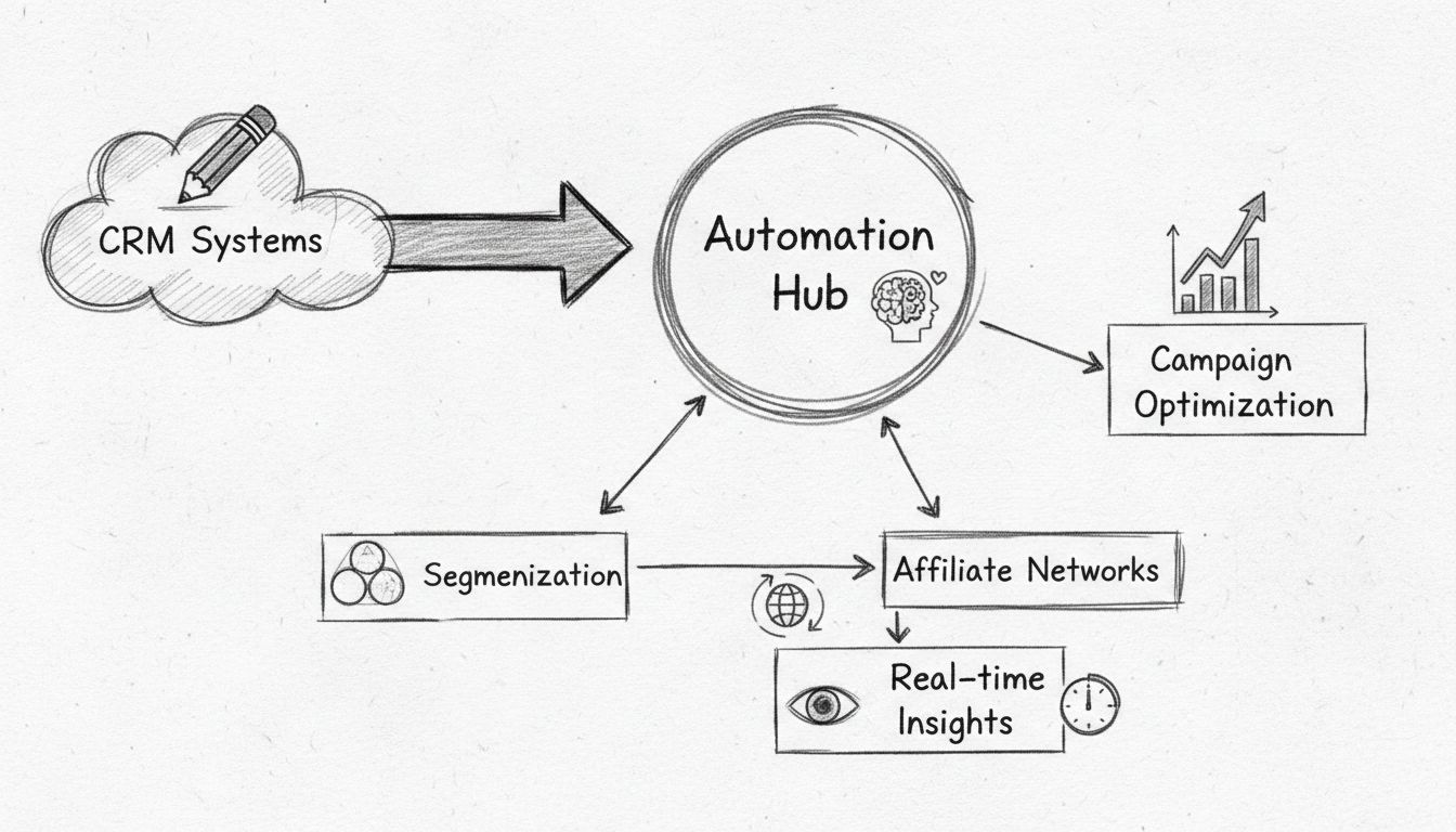 Diagramma del workflow di automazione che mostra raccolta dati, segmentazione, personalizzazione e ottimizzazione delle campagne per il marketing di affiliazione