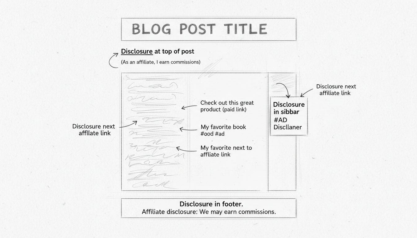 Diagramma disegnato a mano che mostra le migliori pratiche di posizionamento della dichiarazione di affiliazione con etichette per inizio post, accanto ai link, footer e posizioni nella sidebar
