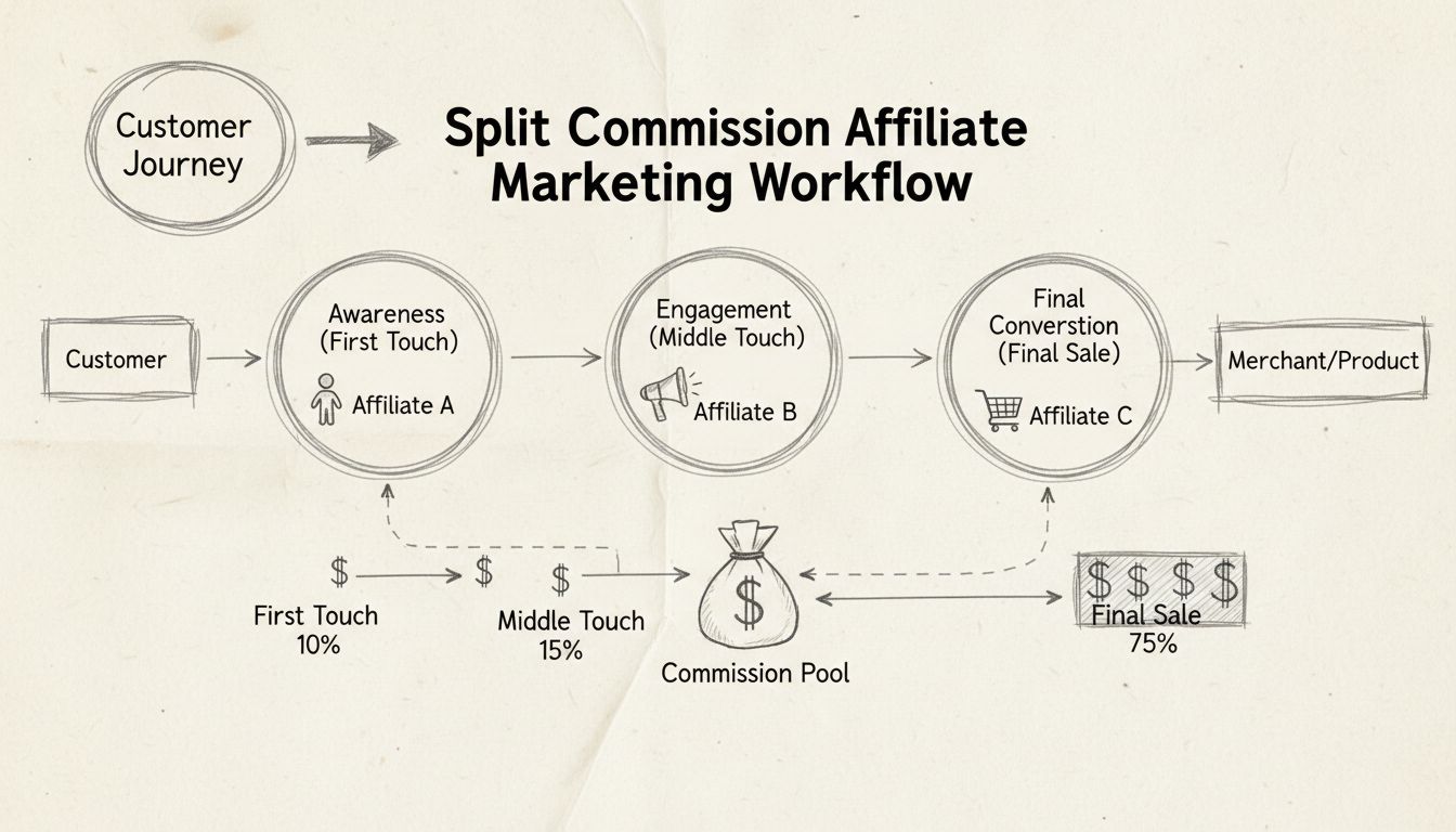 Diagramma disegnato a mano che mostra il flusso delle commissioni suddivise con molteplici touchpoint e percentuali di commissioni allocate ai diversi affiliati nel percorso del cliente