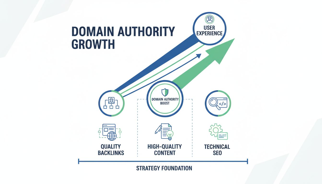Strategia di crescita dell’Authority di Dominio che mostra backlink, qualità dei contenuti, SEO tecnica ed elementi di esperienza utente
