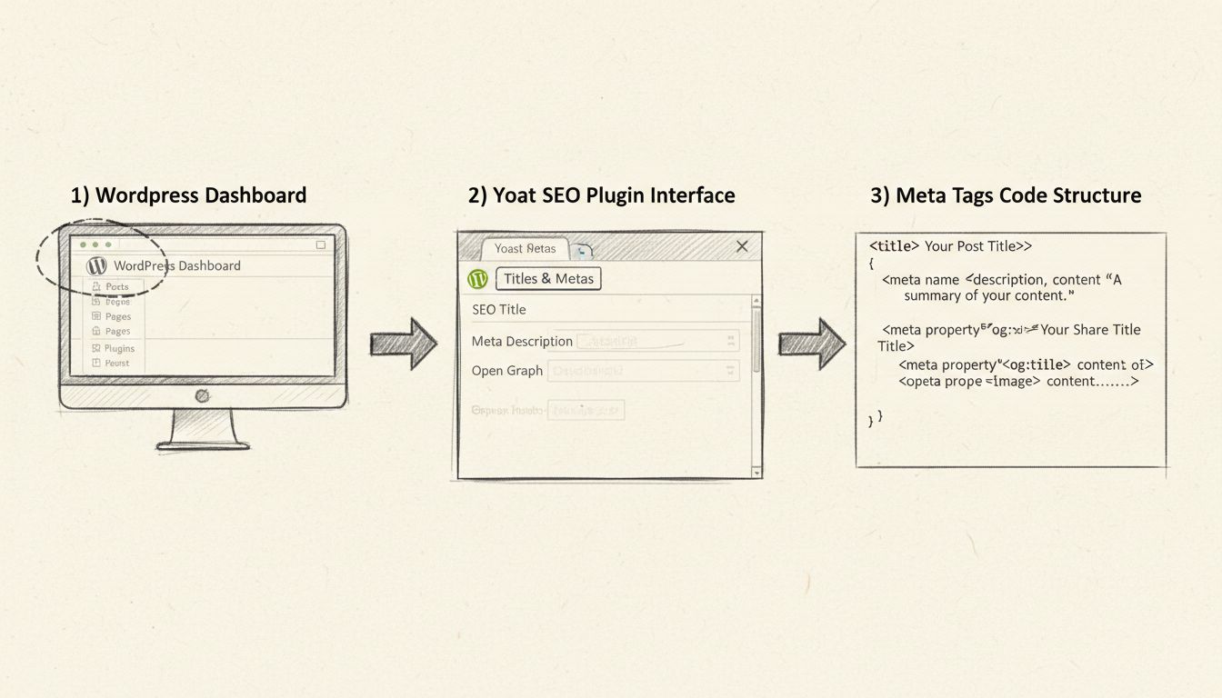 Diagramma del flusso dei meta tag WordPress che mostra l’integrazione del plugin Yoast SEO