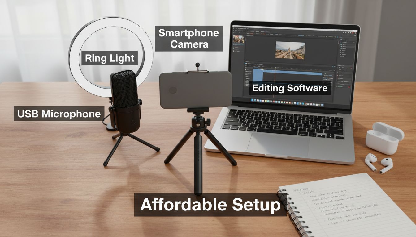 Set economico per la creazione di video: smartphone su treppiede, microfono USB, ring light e laptop per editing