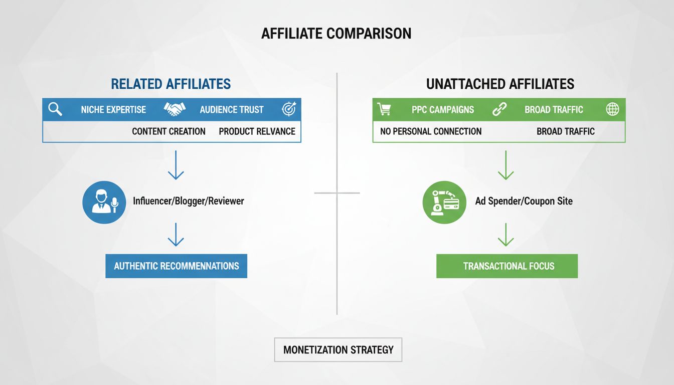 Diagramma comparativo tra Affiliati Correlati e Non Collegati che mostra competenza di nicchia, fiducia del pubblico, creazione di contenuti, campagne PPC e fonti di traffico
