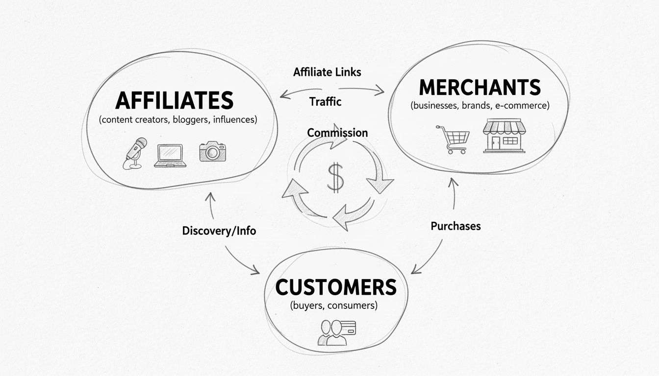 Diagramma dell'ecosistema del marketing di affiliazione che mostra la relazione tra Affiliati, Commercianti e Clienti con frecce che indicano il flusso di traffico, link affiliati, commissioni e vendite