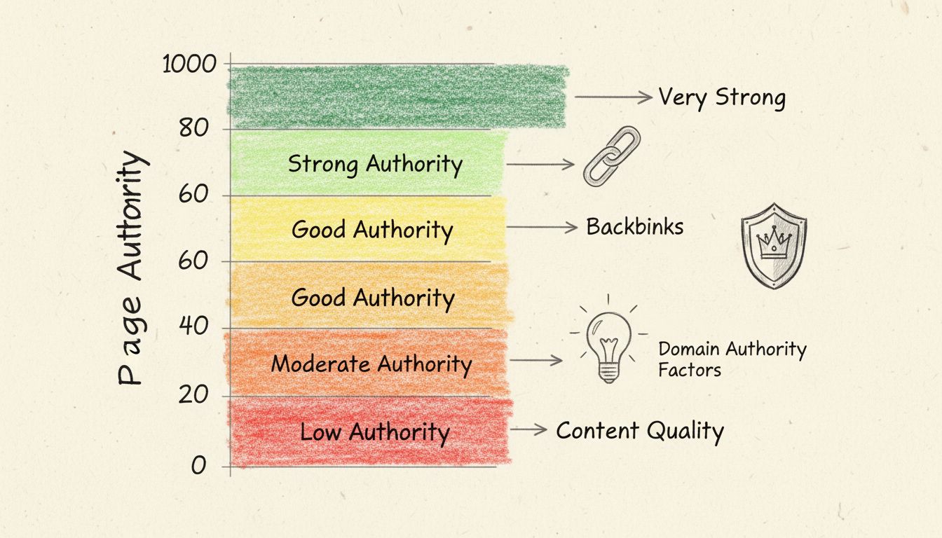 Diagramma della scala di Page Authority che mostra zone a colori da 0-100 con livelli di autorità e fattori contributivi