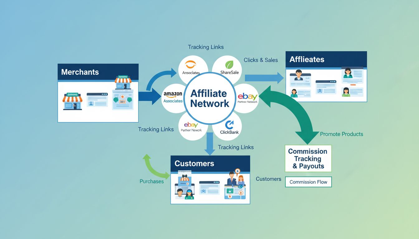 Diagramma dell’ecosistema dei network di affiliazione che mostra merchant, affiliati, clienti e flusso di tracciamento delle commissioni