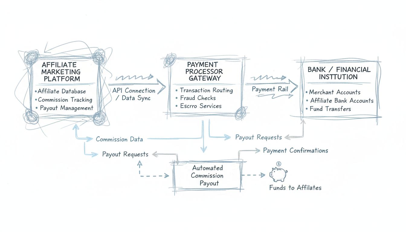 Diagramma del flusso di lavoro di integrazione del processore di pagamento che mostra la piattaforma di affiliazione collegata a gateway di pagamento e istituzioni finanziarie