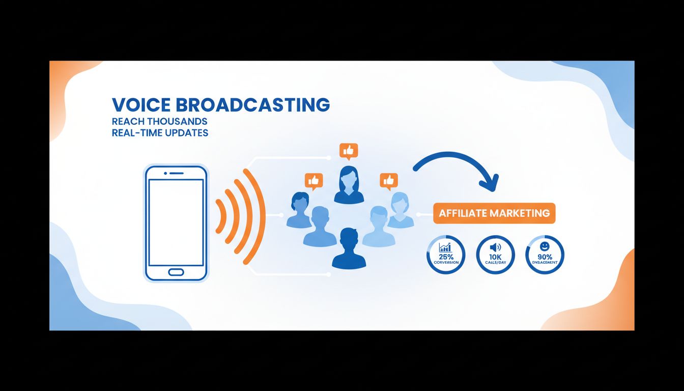 Infografica sul voice broadcasting che mostra uno smartphone con onde sonore che raggiungono più clienti per l'affiliate marketing