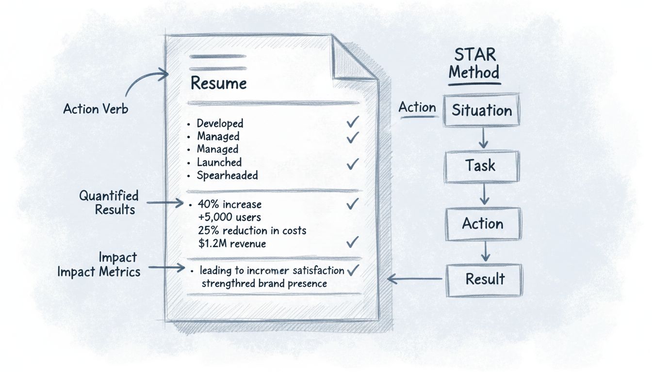 Schema professionale e illustrato a mano che mostra il framework per valorizzare i risultati nel CV con metodo STAR, verbi d'azione, metriche quantificate e descrizione dell'impatto