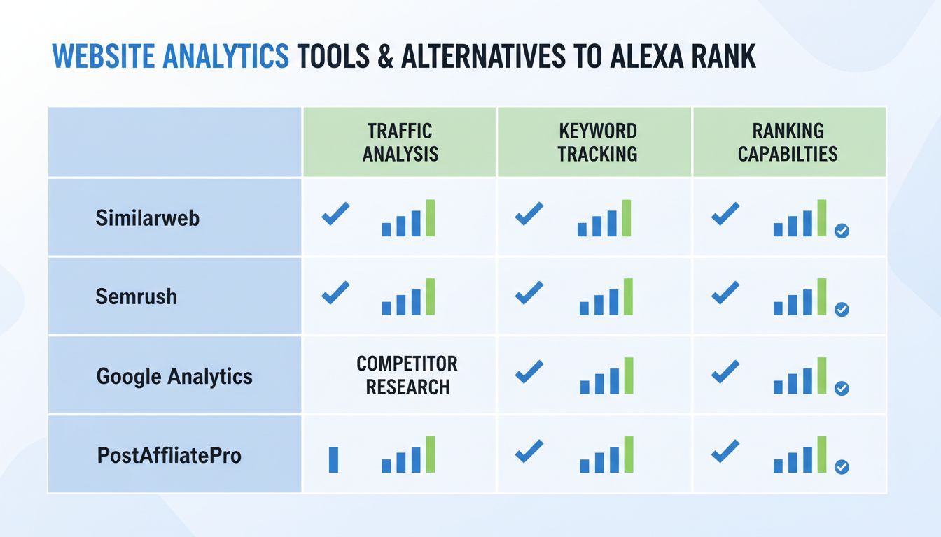 Grafico comparativo degli strumenti di analisi siti web e alternative ad Alexa Rank con funzioni e capacità