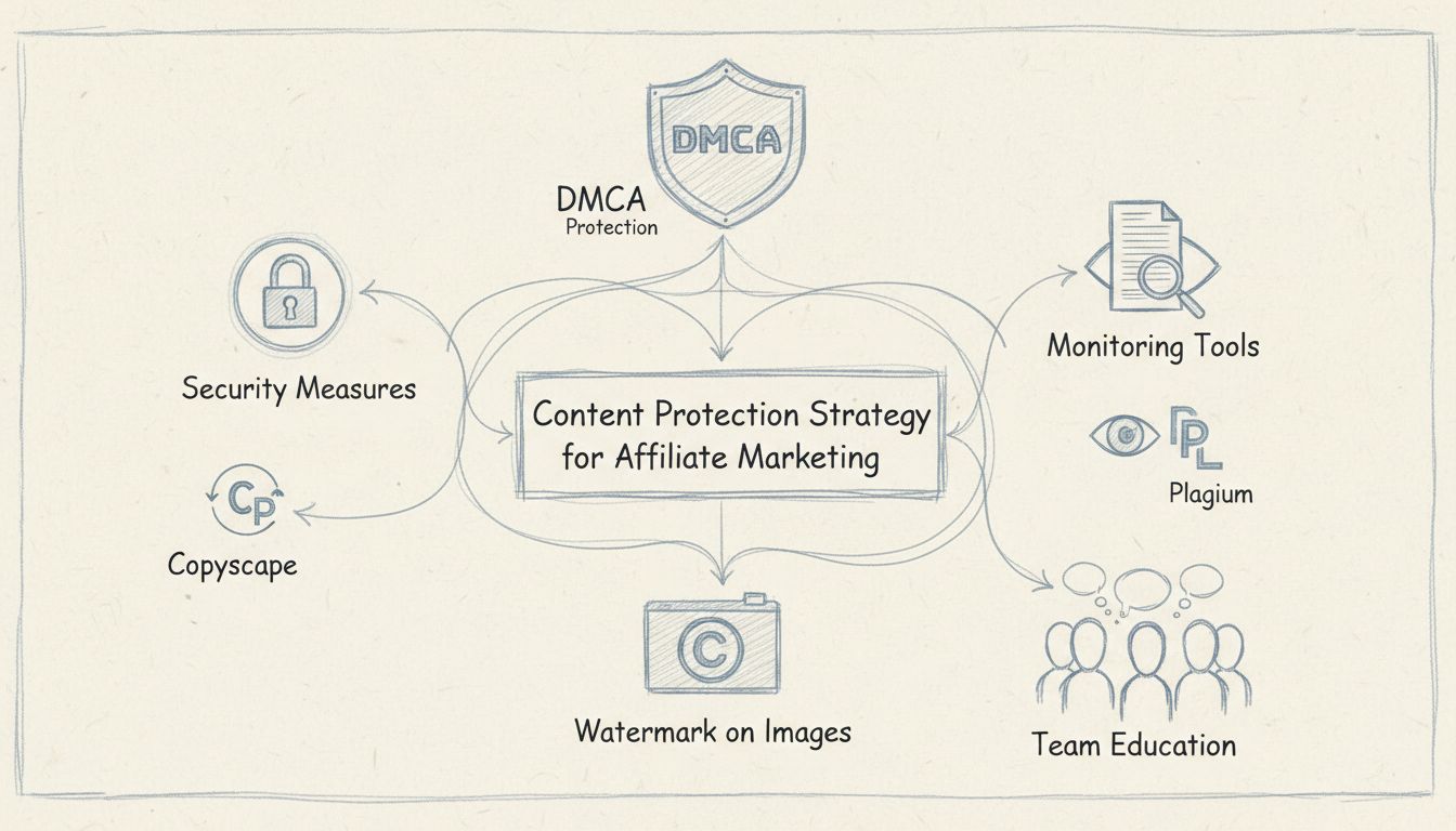 Diagramma della strategia di protezione dei contenuti con lucchetto di sicurezza, scudo DMCA, strumenti di monitoraggio, avviso di copyright, watermark e metodi di formazione del team