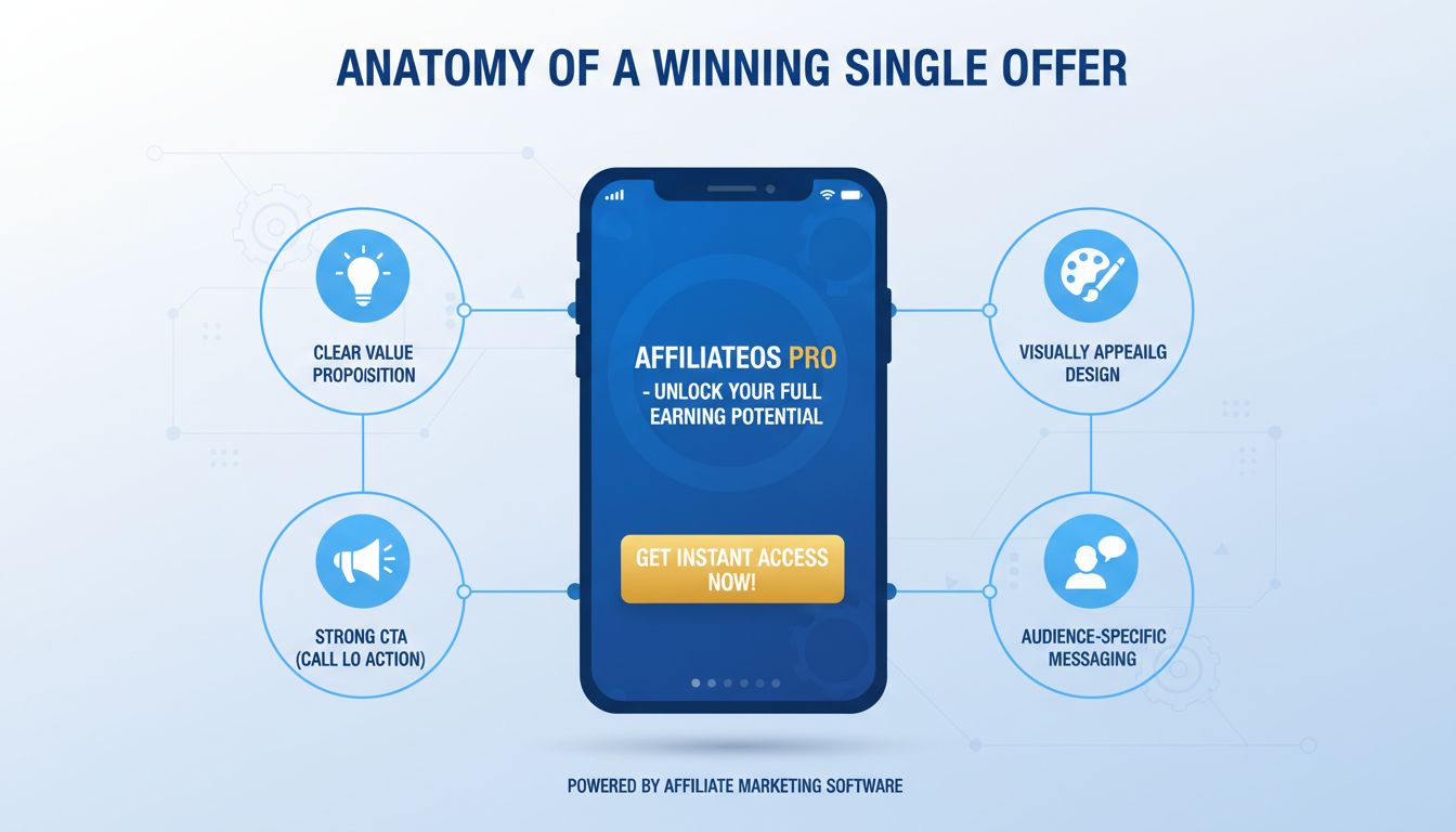 Infografica che mostra i componenti chiave delle offerte singole efficaci tra cui proposta di valore, appeal visivo, CTA e targeting del pubblico