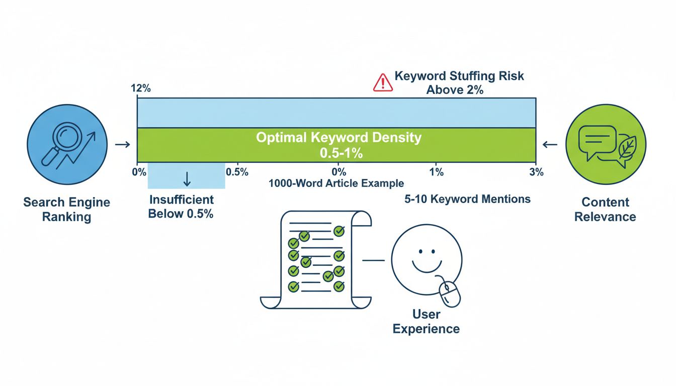 Infografica sull’ottimizzazione della densità delle keyword che mostra il range ottimale 0,5-1% per la SEO