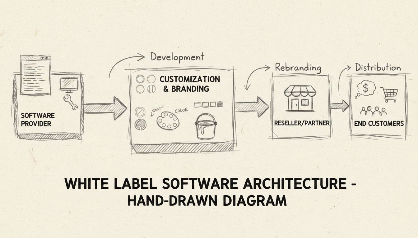 Diagramma dell'architettura white label che mostra fornitore, personalizzazione e workflow del rivenditore
