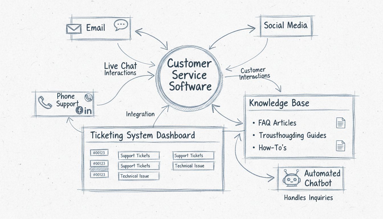Diagramma dell'architettura del software per il servizio clienti che mostra hub centrale con canali, sistema di ticketing, knowledge base e integrazione chatbot