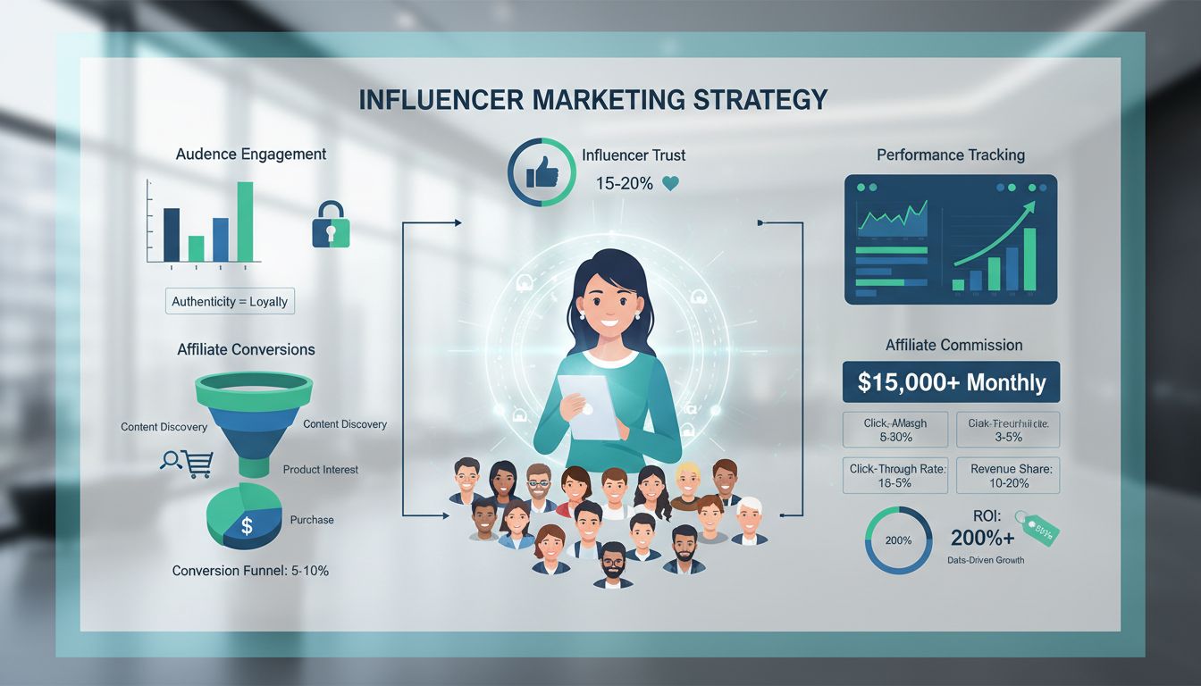 Strategia di influencer marketing che mostra fiducia, coinvolgimento dell'audience, conversioni affiliate e metriche di tracciamento delle performance