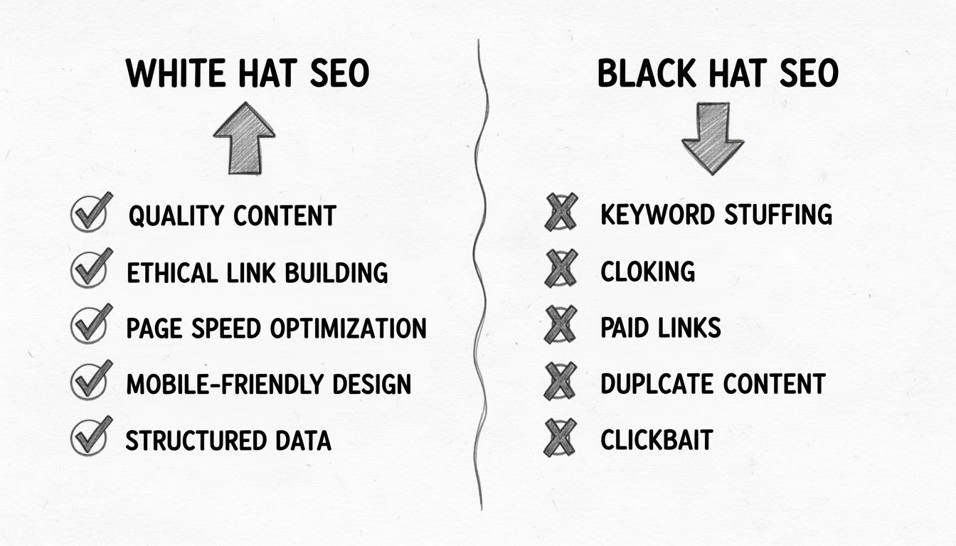 Diagramma di confronto tra tecniche SEO white hat e black hat che mostra pratiche etiche con segni di spunta e pratiche ingannevoli con croci