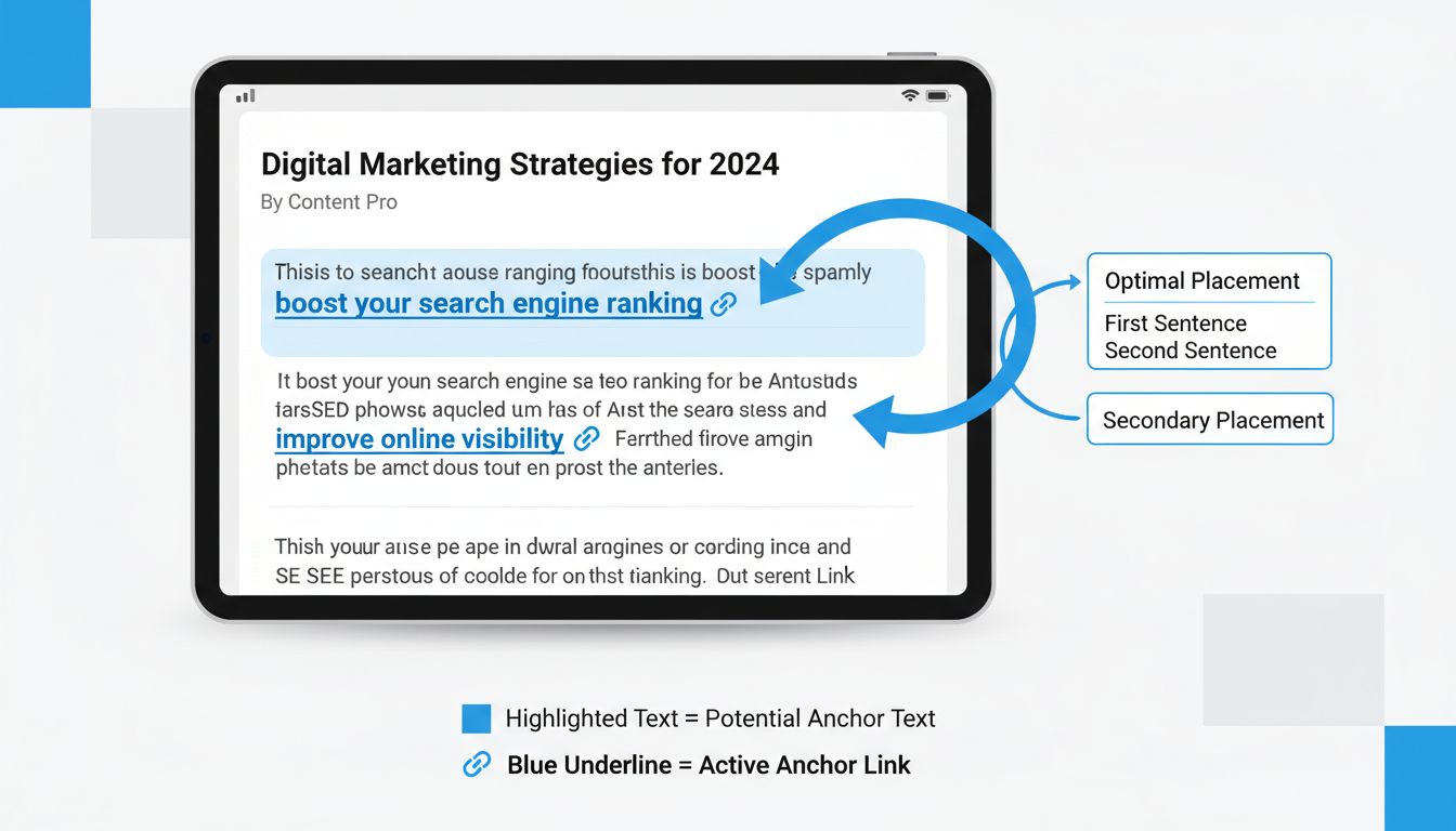 Diagramma che mostra il posizionamento ottimale del testo di ancoraggio nella prima e nella seconda frase del contenuto con indicatori visivi