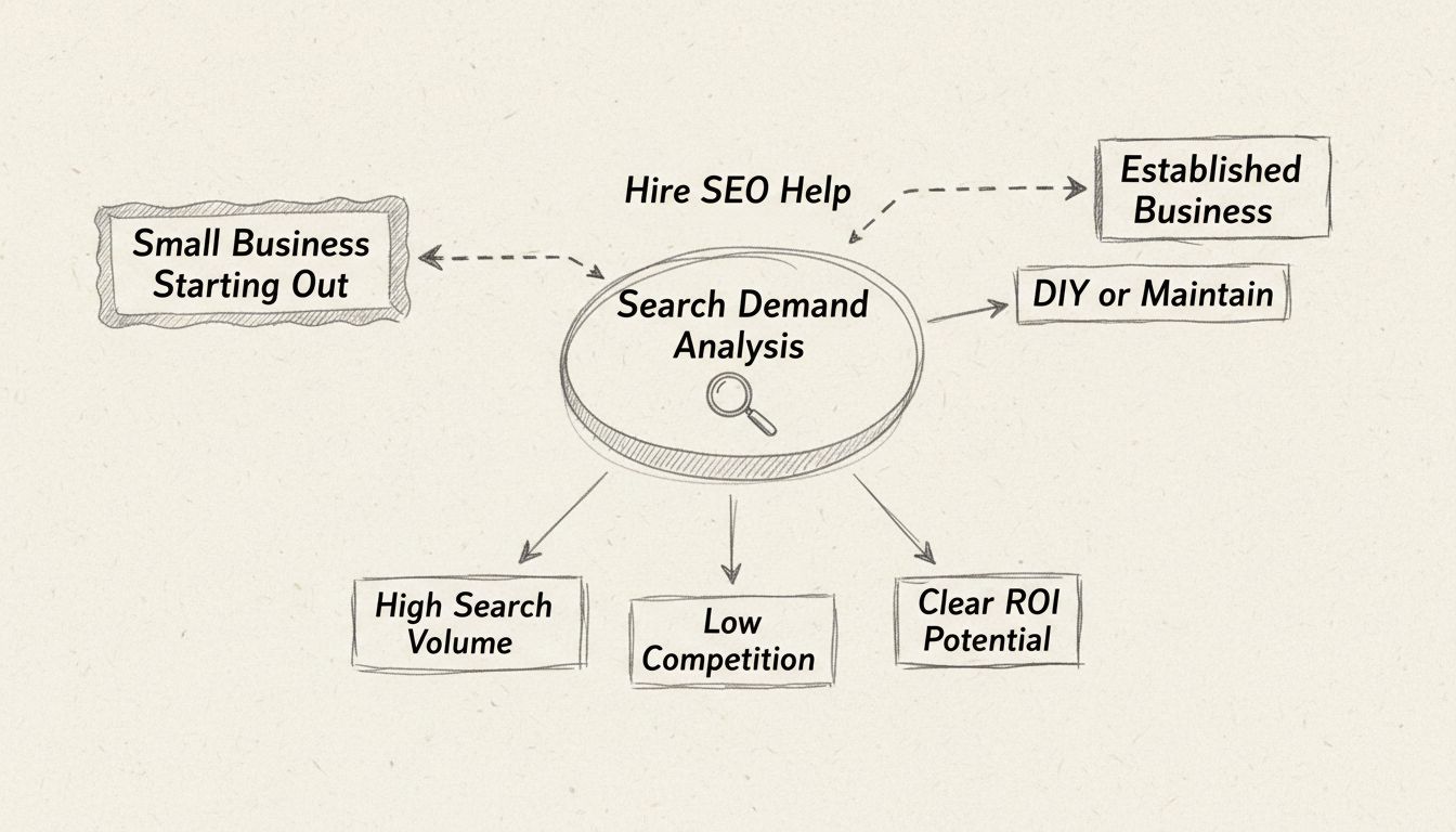Albero decisionale per investimento SEO che mostra i percorsi per piccole imprese vs aziende consolidate con analisi della domanda di ricerca