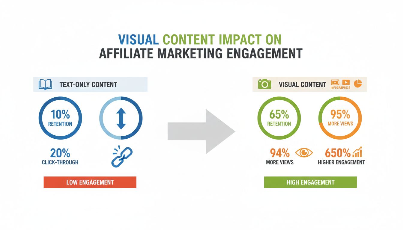 Impatto dei contenuti visivi sull’engagement nel marketing di affiliazione: 94% di visualizzazioni in più, coinvolgimento del 650% più alto e memorizzazione al 65% rispetto ai soli contenuti testuali