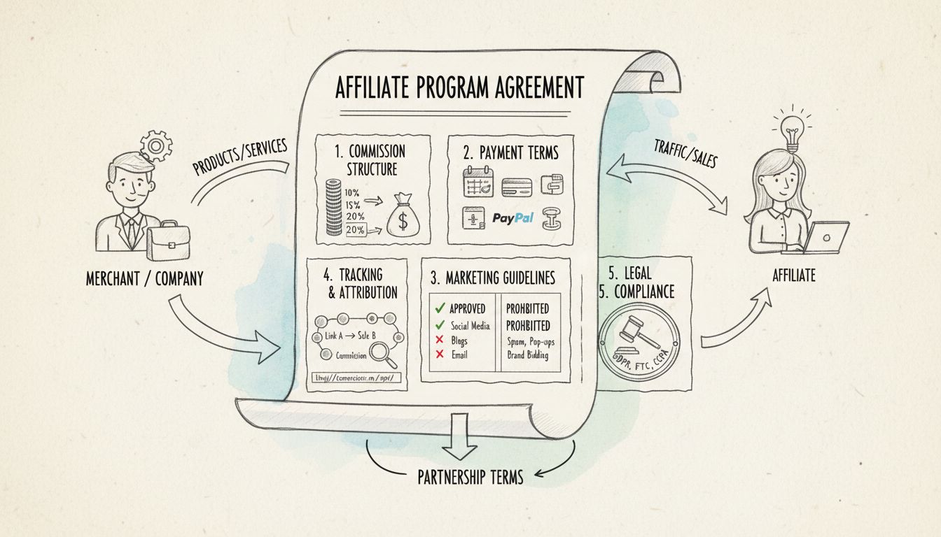 Diagramma della Struttura dell'Accordo di Programma di Affiliazione che mostra struttura delle commissioni, termini di pagamento, linee guida di marketing, tracciamento e attribuzione, e componenti di conformità legale