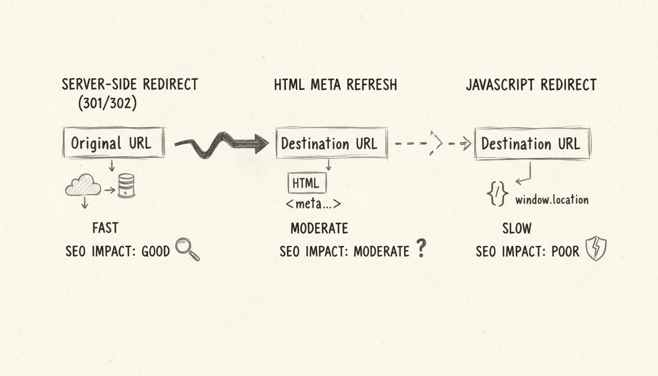 Diagramma comparativo dei tre metodi di reindirizzamento: lato server, HTML meta refresh e JavaScript che mostra velocità e impatto SEO