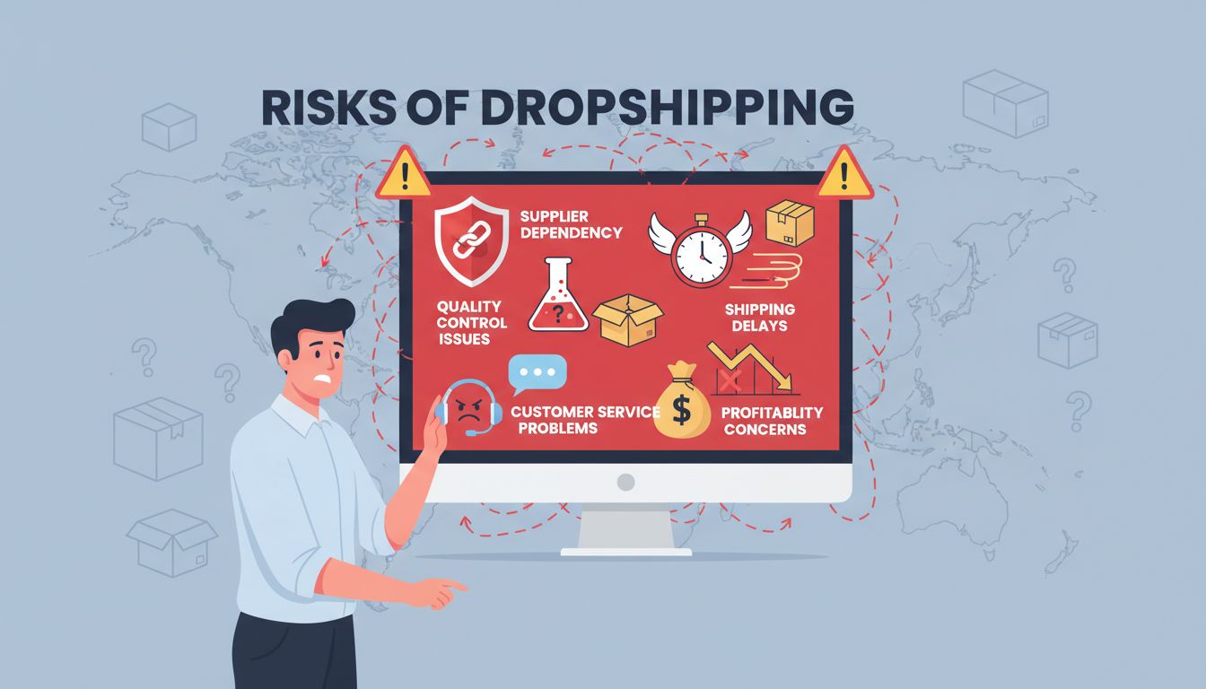 Infografica che mostra i rischi del dropshipping tra cui dipendenza dai fornitori, problemi di controllo qualità, ritardi nella spedizione, problemi di assistenza clienti e preoccupazioni sulla redditività