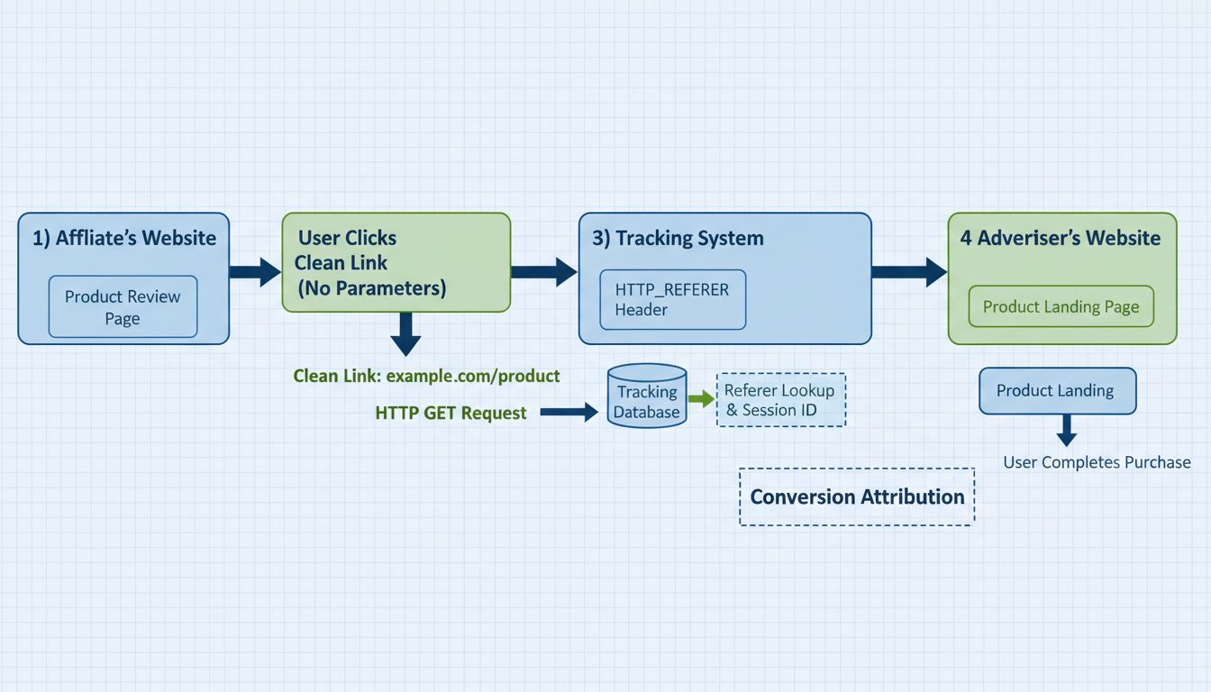 Diagramma del flusso del direct link tracking che mostra la trasmissione dell'HTTP Referer dal sito affiliato all'inserzionista