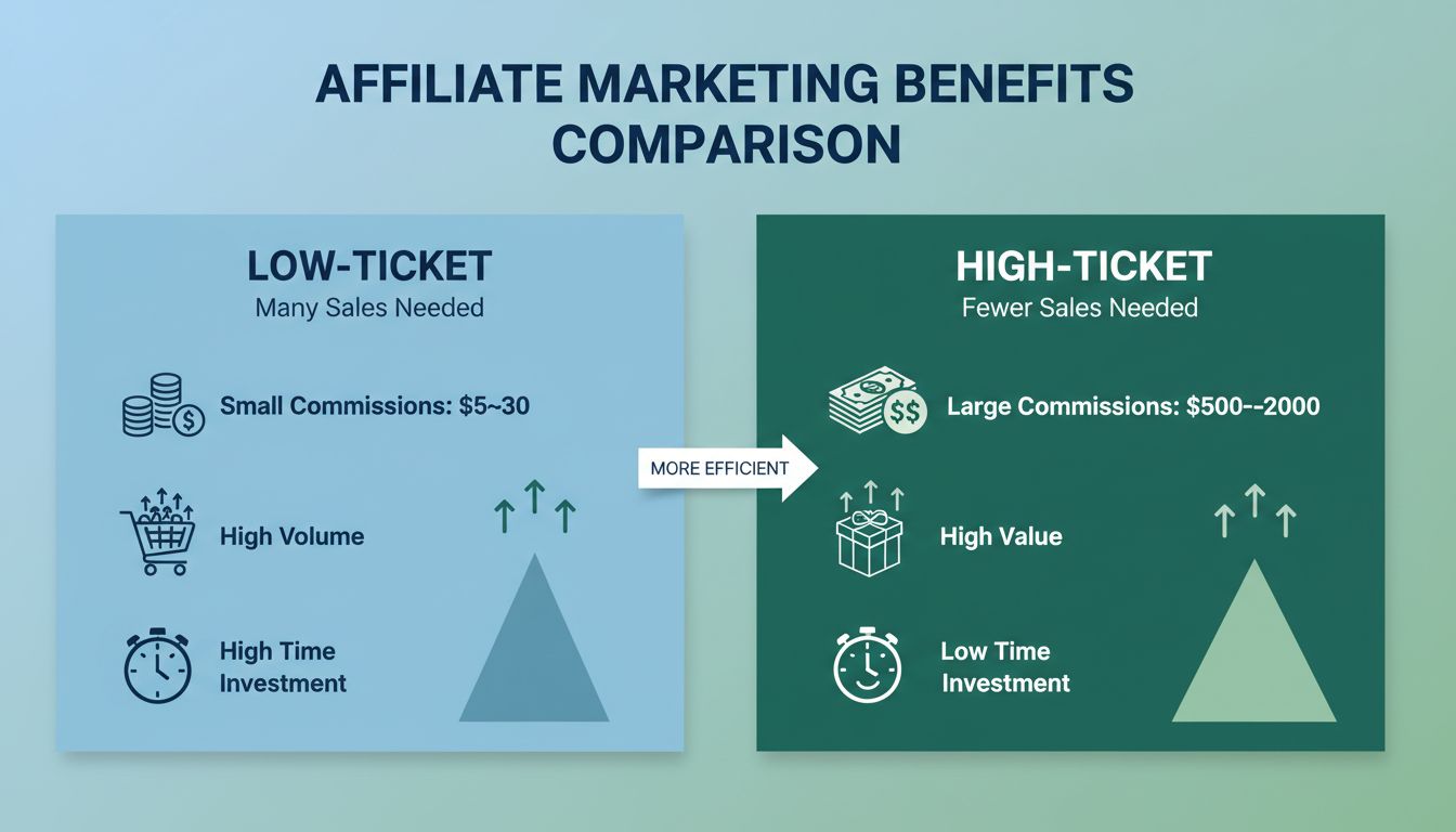 Infografica comparativa tra affiliate marketing high-ticket e low-ticket che mostra le differenze nelle commissioni e nei volumi di vendita richiesti