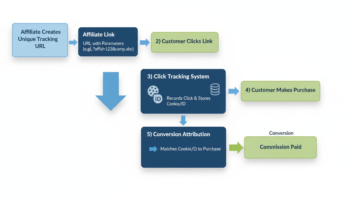 Diagramma di flusso del tracciamento URL che mostra la creazione del link affiliato, il clic del cliente, il sistema di tracciamento, l'acquisto e l'attribuzione della commissione