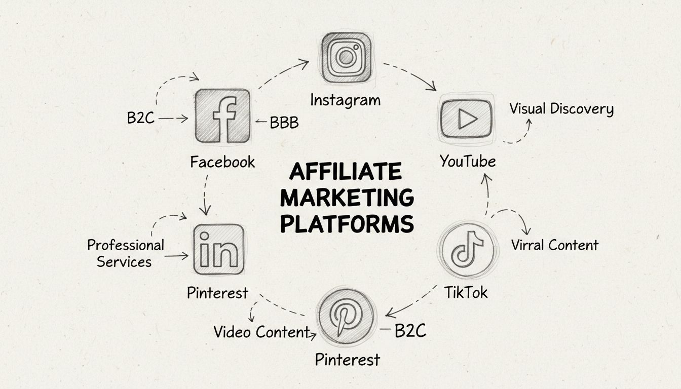 Diagramma disegnato a mano che mostra le piattaforme social per il marketing di affiliazione con icone di Facebook, Instagram, YouTube, Pinterest, LinkedIn e TikTok disposte in cerchio con etichette di utilizzo