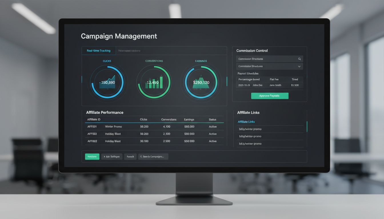 Dashboard di gestione campagne di marketing affiliato con tracciamento in tempo reale, controllo delle commissioni e analisi delle performance