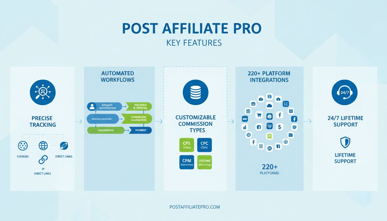 Infografica sulle funzionalità chiave di Post Affiliate Pro che mostra metodi di tracciamento, flussi di lavoro automatizzati, tipi di commissioni, integrazioni e supporto