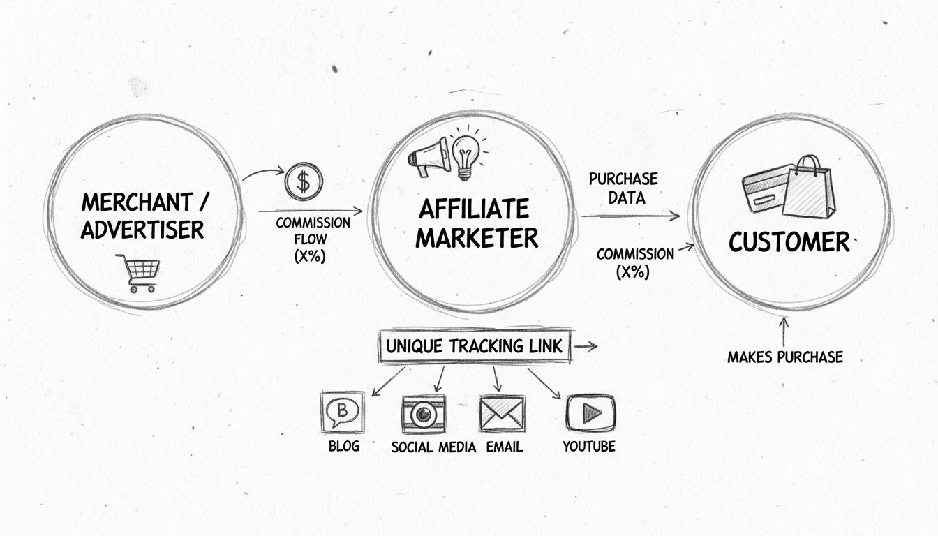 Diagramma dell'ecosistema del marketing di affiliazione che mostra merchant, affiliato con link di tracciamento e percorso di acquisto del cliente con frecce delle commissioni