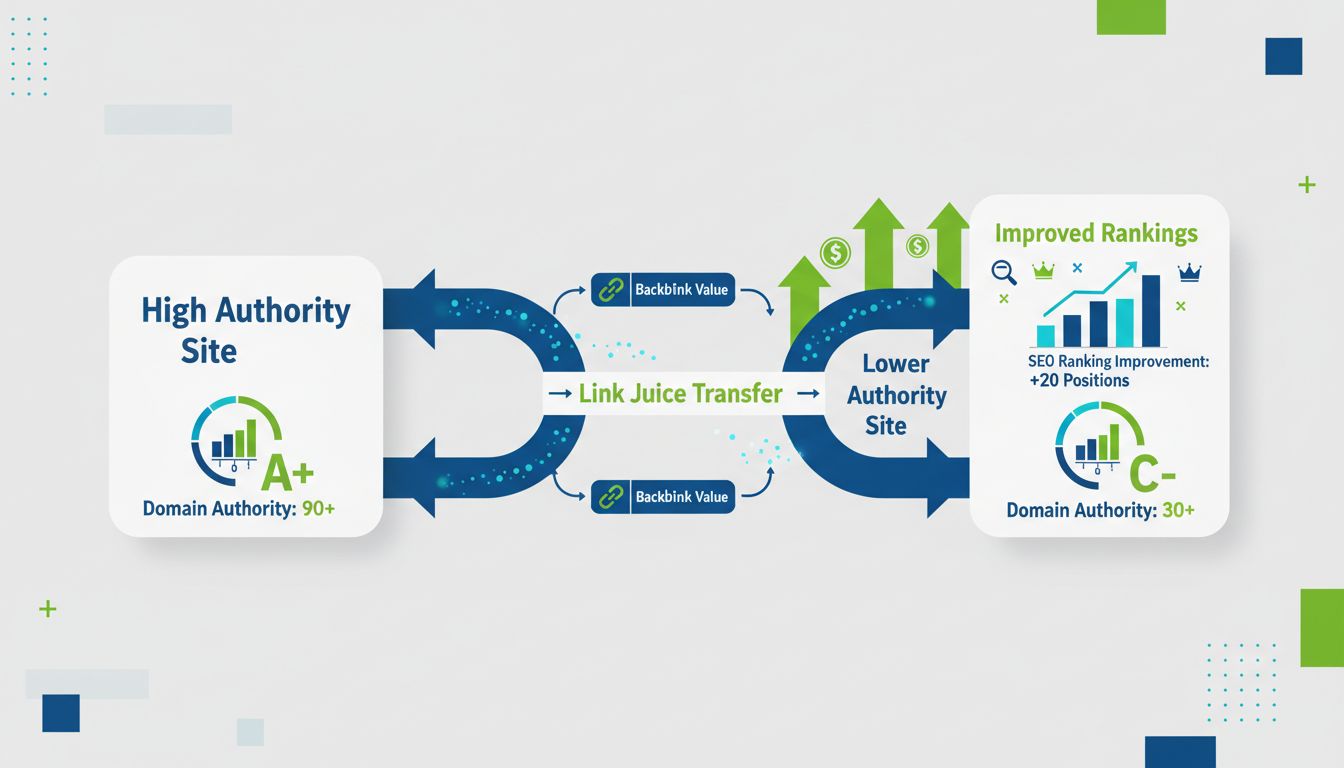 Diagramma del flusso di link juice che mostra il trasferimento di autorità tra siti ad alta e bassa autorità tramite hyperlink