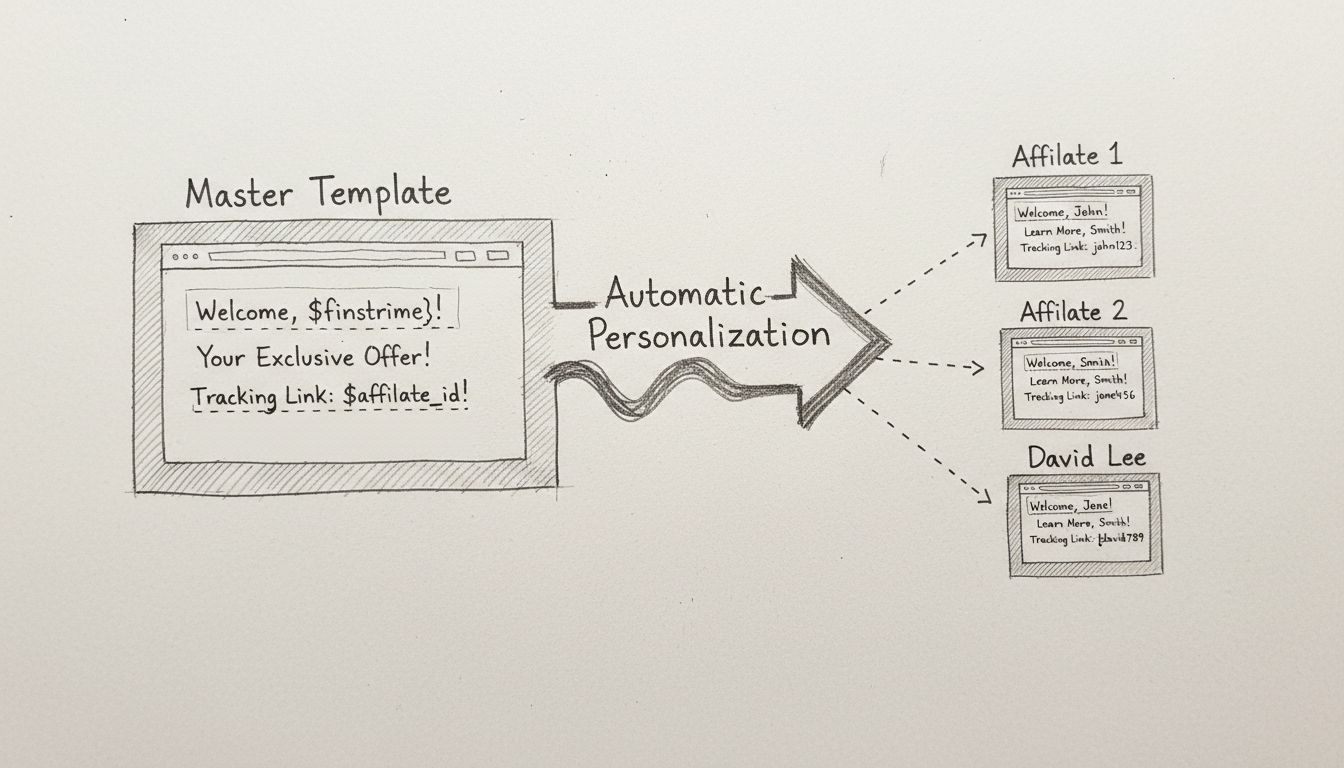 Diagramma del flusso di lavoro della replica del sito che mostra come il modello principale genera automaticamente pagine affiliate personalizzate con link di tracciamento e variabili unici