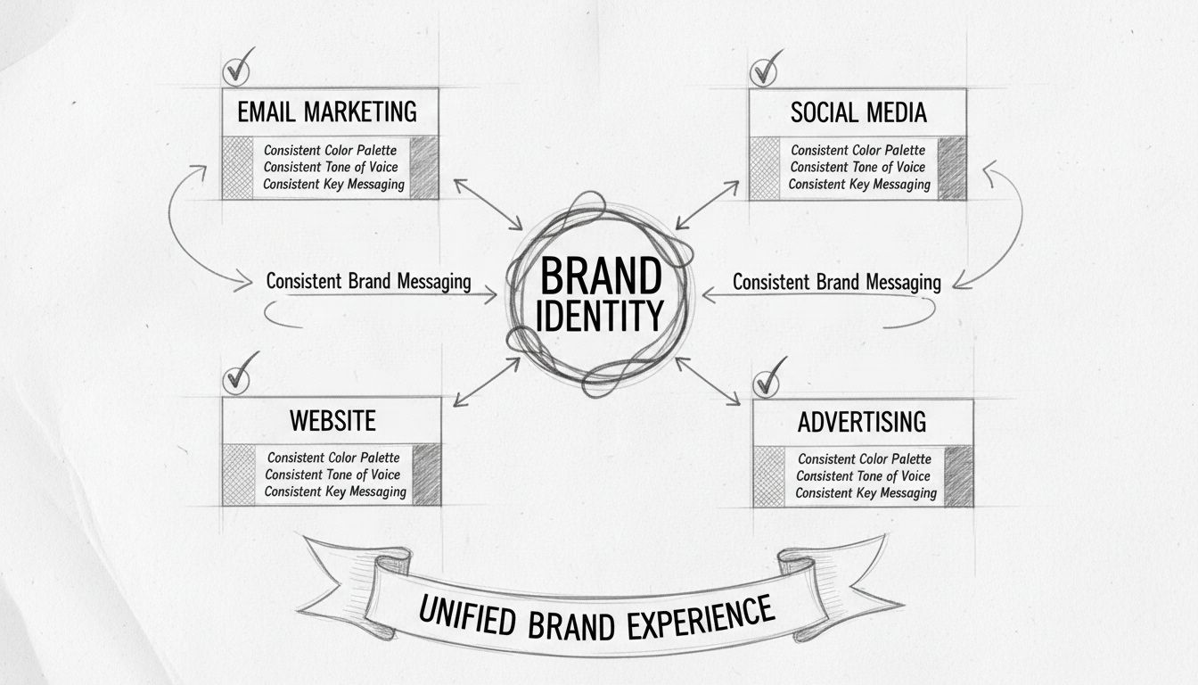 Messaggistica coerente del brand su più canali di marketing con un diagramma che mostra l’identità centrale del brand collegata a email, social media, sito web, pubblicità e touchpoint di servizio clienti