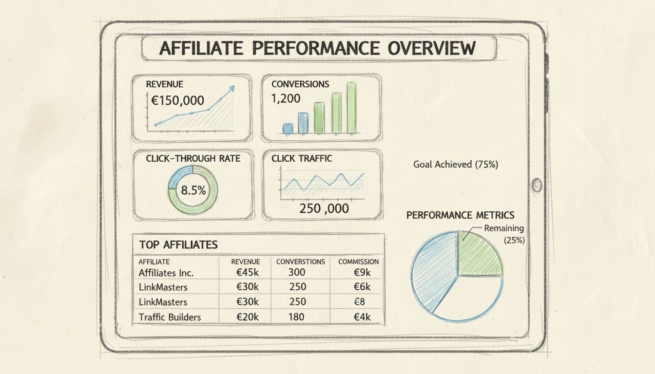 Dashboard di tracciamento affiliati che mostra metriche chiave di performance tra cui tassi di conversione, ricavi per affiliato, traffico dei clic e KPI