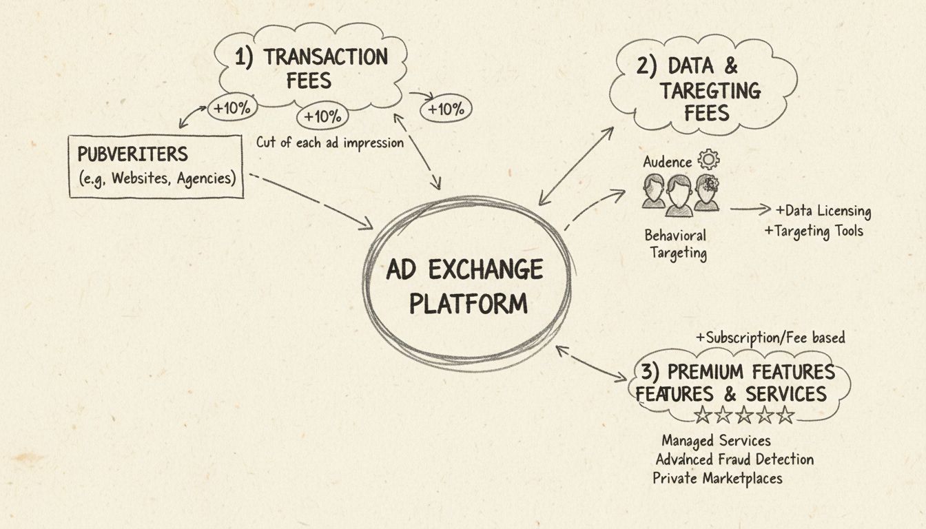 Diagramma disegnato a mano che mostra i flussi di ricavo di un ad exchange inclusi commissioni sulle transazioni, servizi di dati e funzionalità premium