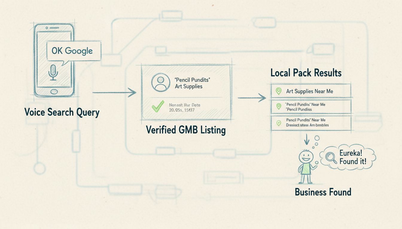 Processo di verifica Google My Business per la ricerca vocale con smartphone, query vocale, scheda GMB verificata con segno di spunta, risultati local pack e flusso di scoperta attività