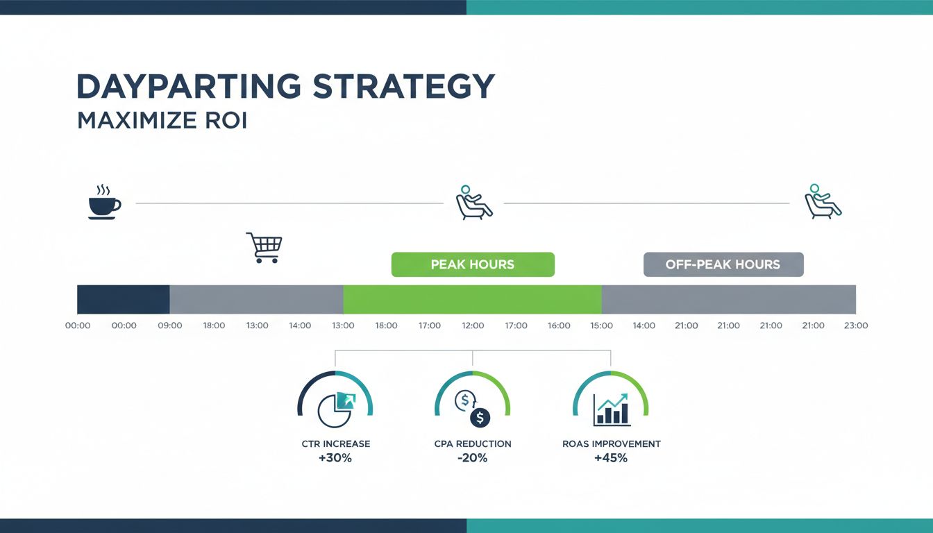 Infografica sulla strategia di dayparting con linea temporale di 24 ore, ore di punta e non di punta, metriche di performance tra cui aumento del CTR, riduzione del CPA e miglioramento del ROAS